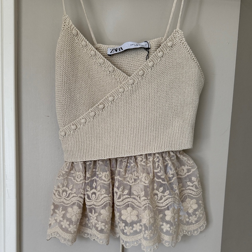 Zara Cream Knit Top with Lace Peplum NWOT